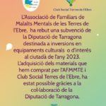 L’Associació AFMMTE, ha rebut una subvenció de la Diputació de Tarragona destinada a inversions en equipaments cultural, any 2023